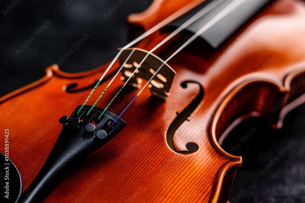 Closeup on the strings of a violin resting on black Closeup on the strings of a violin resting on black