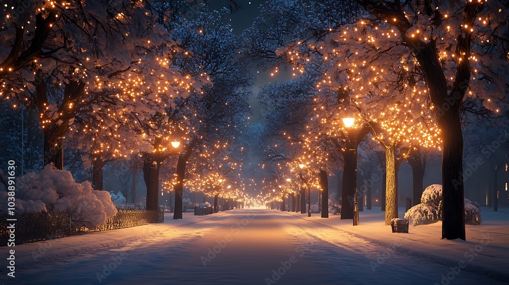 A quiet street lined with snow-covered trees, their branches sparkling with glowing string lights. A quiet street lined with snow-covered trees, their branches sparkling with glowing string lights.