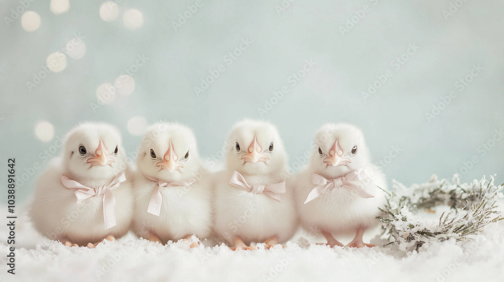 Baby Chicks with Holiday Ribbons on Fake Snow and Wreath Baby Chicks with Holiday Ribbons on Fake Snow and Wreath