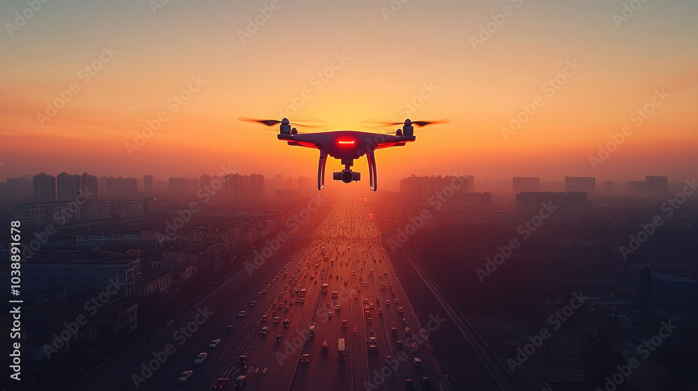 A drone hovers above a bustling city highway, capturing a breathtaking sunset with vehicles below illuminated in warm hues of twilight A drone hovers above a bustling city highway, capturing a breathtaking sunset with vehicles below illuminated in warm hues of twilight