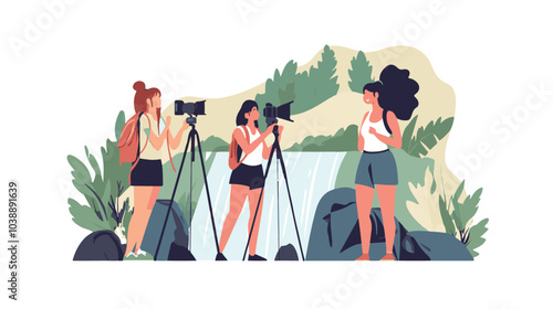 Video blogger set. Women posing and speaking for video camera on vacation, in gym, at home with laptop. Flat illustrations.
