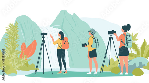 Video blogger set. Women posing and speaking for video camera on vacation, in gym, at home with laptop. Flat illustrations.
