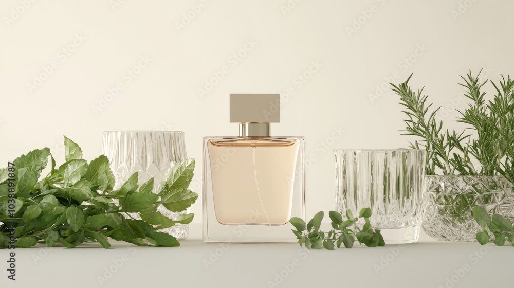Minimalist Luxury Perfume Mockup with Glassware and Herbs in Cinematic Light Minimalist Luxury Perfume Mockup with Glassware and Herbs in Cinematic Light