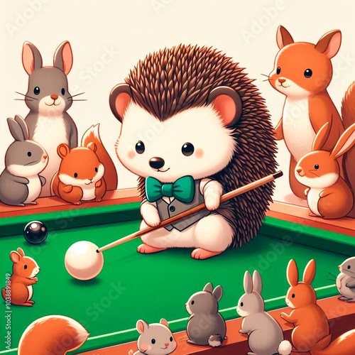 Comic illustration of a hedgehog snooker player at a pool table. photo