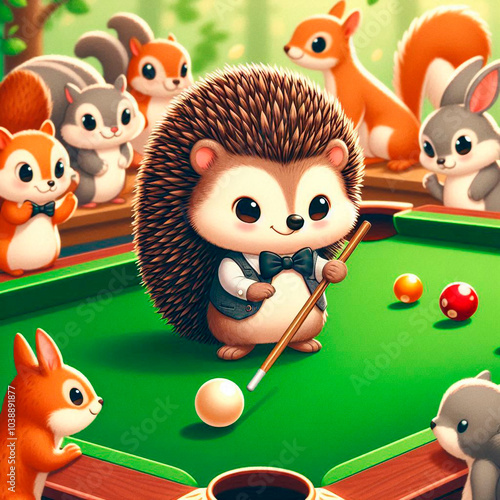 Comic illustration of a hedgehog snooker player at a pool table. photo