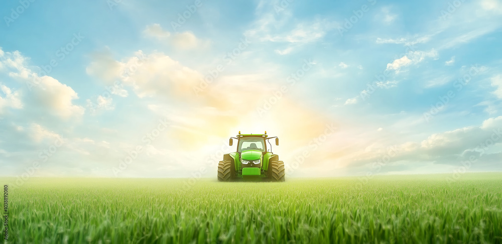 Fototapeta premium A bright morning dawns over a green field with a tractor in the distance under cloudy skies