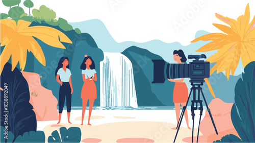Video blogger set. Women posing and speaking for video camera on vacation, in gym, at home with laptop. Flat illustrations.
