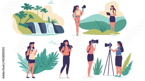 Video blogger set. Women posing and speaking for video camera on vacation, in gym, at home with laptop. Flat illustrations.
