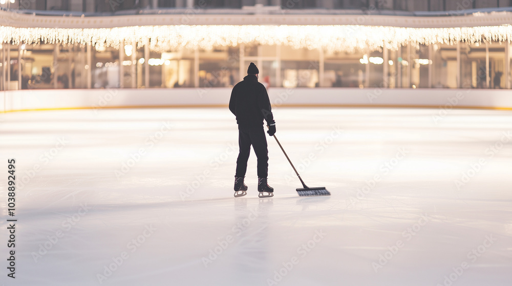 Obraz premium Ice Rink Staff Member Prepares Ice for Skaters During Busy Season