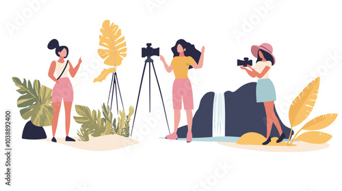 Video blogger set. Women posing and speaking for video camera on vacation, in gym, at home with laptop. Flat illustrations.
