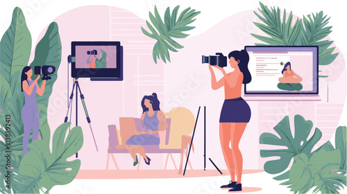 Video blogger set. Women posing and speaking for video camera on vacation, in gym, at home with laptop. Flat illustrations.
