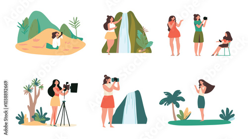 Video blogger set. Women posing and speaking for video camera on vacation, in gym, at home with laptop. Flat illustrations.
