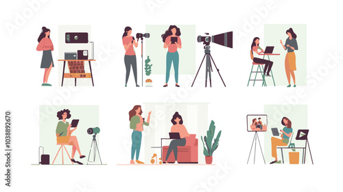 Video blogger set. Women posing and speaking for video camera on vacation, in gym, at home with laptop. Flat illustrations.
