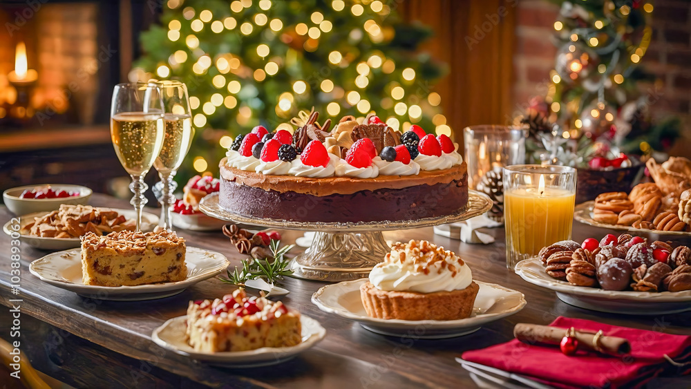 AI-generated images of Christmas spirits, with a mouth-watering spread of decadent desserts AI-generated images of Christmas spirits, with a mouth-watering spread of decadent desserts