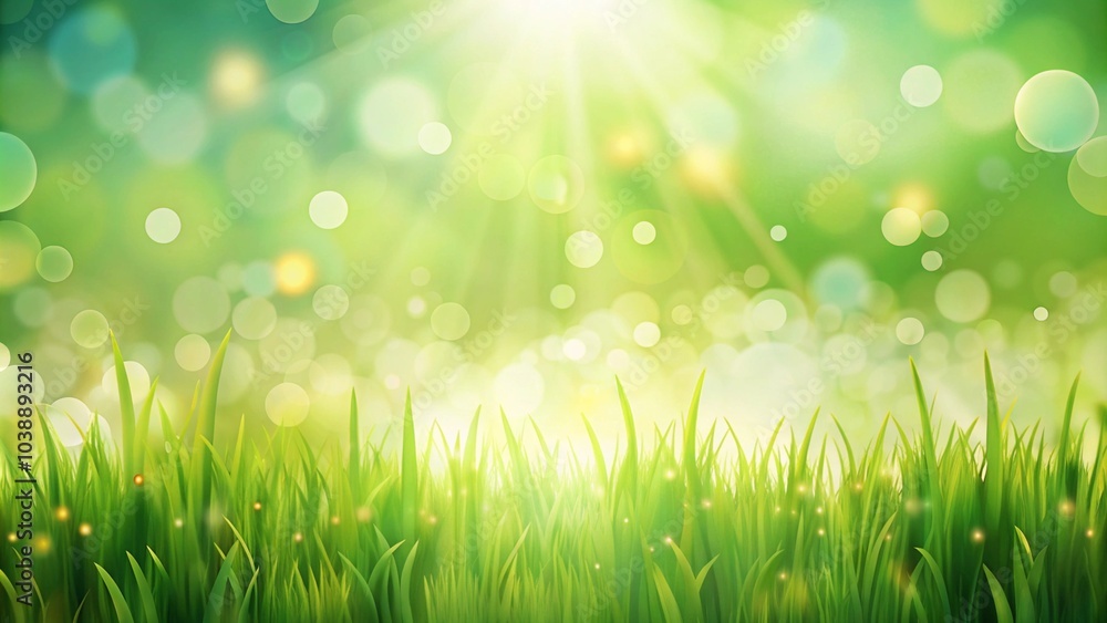 Obraz premium Fresh green spring background with bokeh defocused lights and grass 