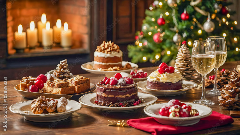 AI-generated images of Christmas spirits, with a mouth-watering spread of decadent desserts AI-generated images of Christmas spirits, with a mouth-watering spread of decadent desserts