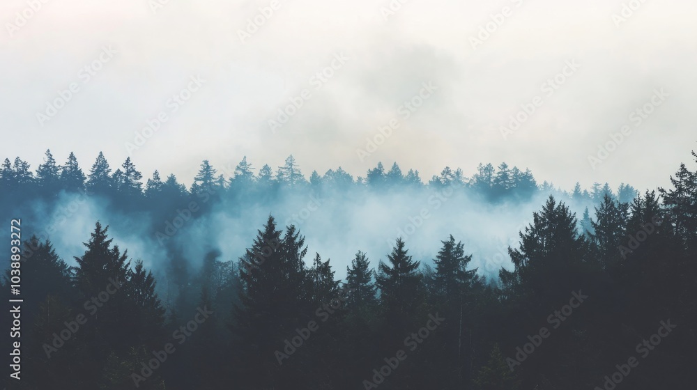 Fototapeta premium Smoke drifts through the trees as a wildfire burns in the quiet forest distance
