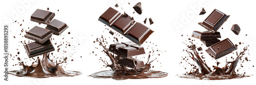 Set of A close-up of a delicious chocolate bar partially broken, revealing smooth, creamy texture, surrounded by rich chocolate splashe on transparent background. Ai generated