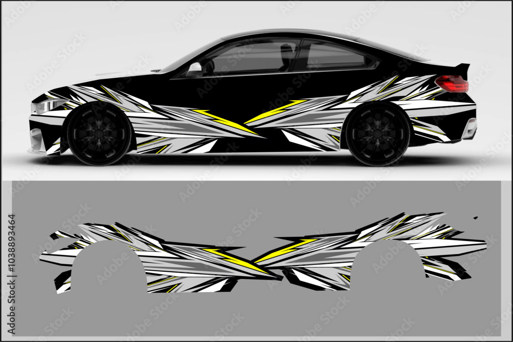 Obraz premium design vector wrap car, decal car with unique line pattern and grayscale color on black background