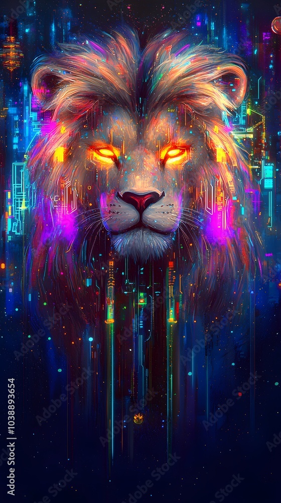 Fototapeta premium a lion's metallic mane and glowing bulbous eyes with pixel-perfect precision. A kaleidoscope of neon lights and futuristic cityscapes in the background add depth and complexity to the scene.