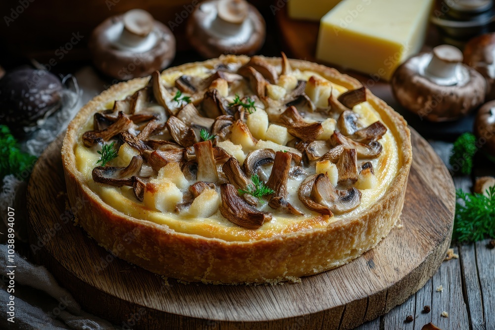 Side view of a savory custard tart with cheese and mushrooms in a pastry crust Side view of a savory custard tart with cheese and mushrooms in a pastry crust
