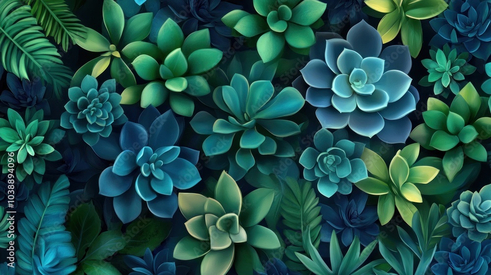 A vibrant arrangement of various succulent plants in shades of green and blue. A vibrant arrangement of various succulent plants in shades of green and blue.