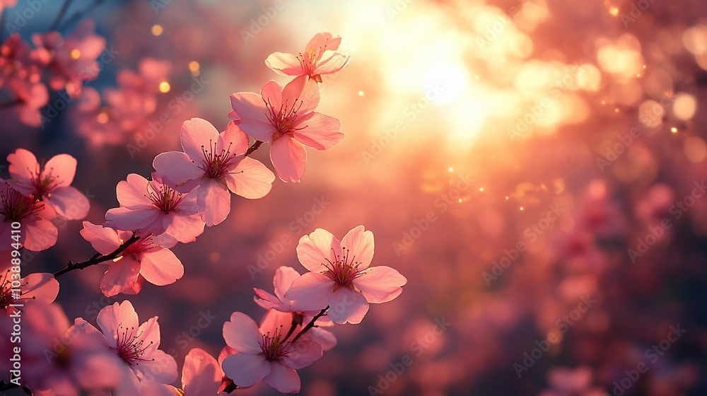 A close-up shot of pink cherry blossoms in full bloom against a warm sunset sky. A close-up shot of pink cherry blossoms in full bloom against a warm sunset sky.