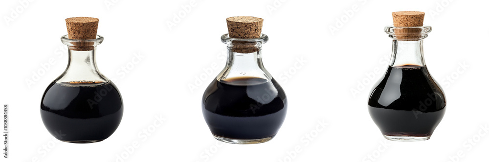 Set of A close-up shot of a glass bottle with a cork top, filled with dark balsamic vinegar on transparent background. Ai generated Set of A close-up shot of a glass bottle with a cork top, filled with dark balsamic vinegar on transparent background. Ai generated