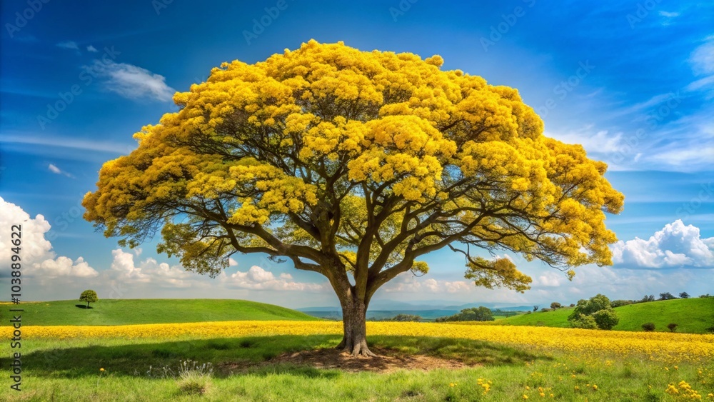 A tree with yellow flowers in the middle of a field
A tree with yellow flowers in the middle of a field
