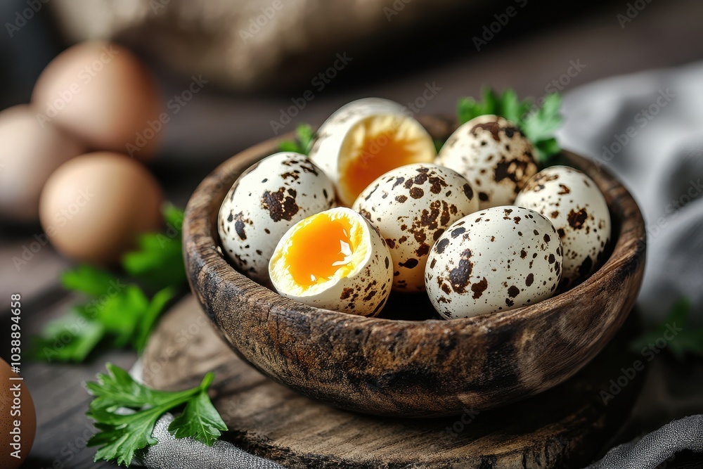 Sliced raw and boiled quail eggs on a rustic wooden surface Organic Sliced raw and boiled quail eggs on a rustic wooden surface Organic