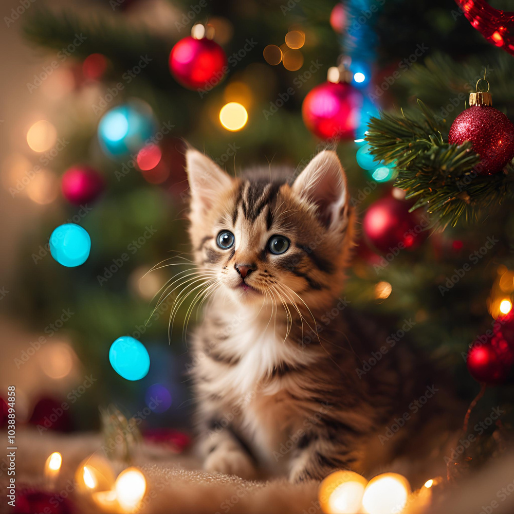 a kitten in front of chrismis decurated tree a kitten in front of chrismis decurated tree