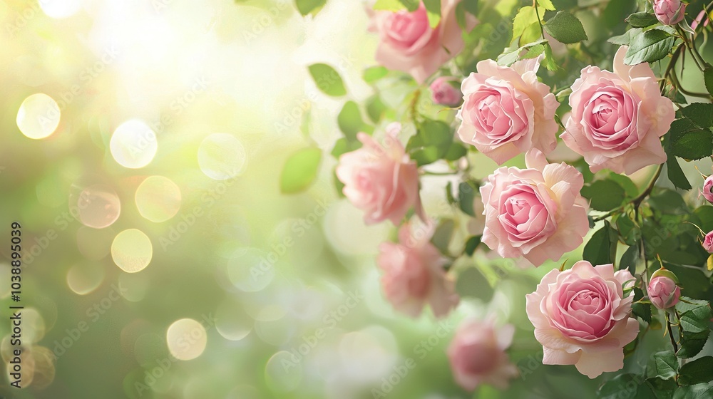 Pink roses bloom on a green-leafed branch against a background of soft light Pink roses bloom on a green-leafed branch against a background of soft light