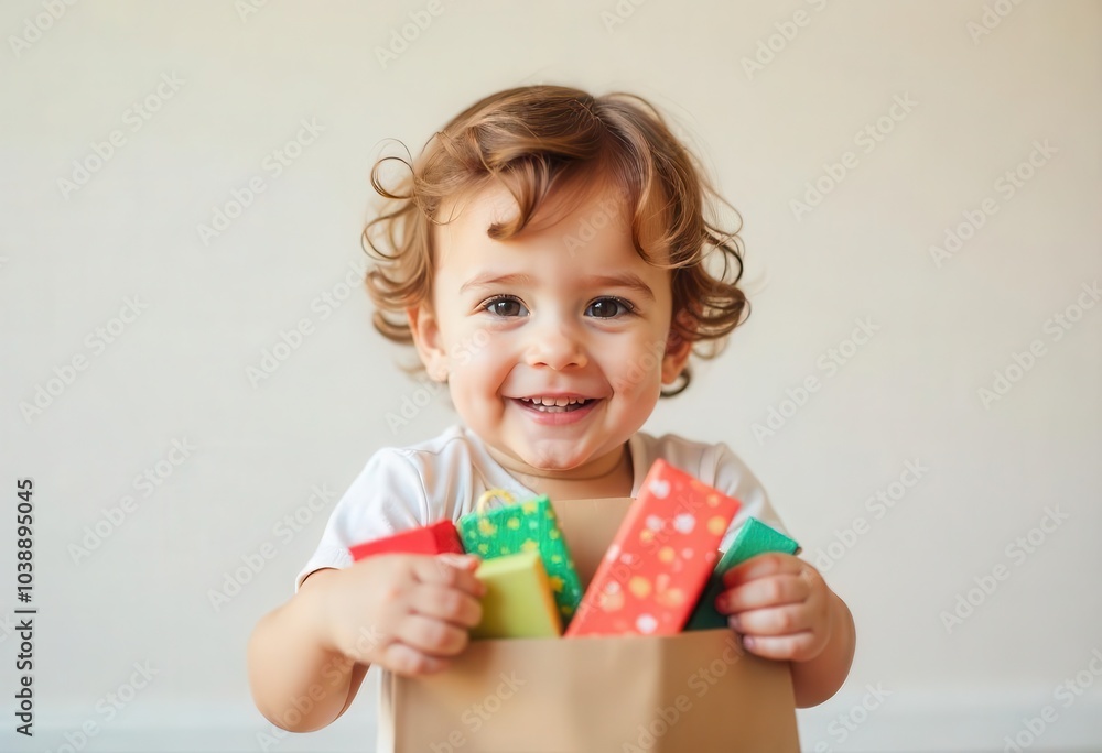 A smiling child holding two small Christmas gifts in front of a plain backdrop. A smiling child holding two small Christmas gifts in front of a plain backdrop.