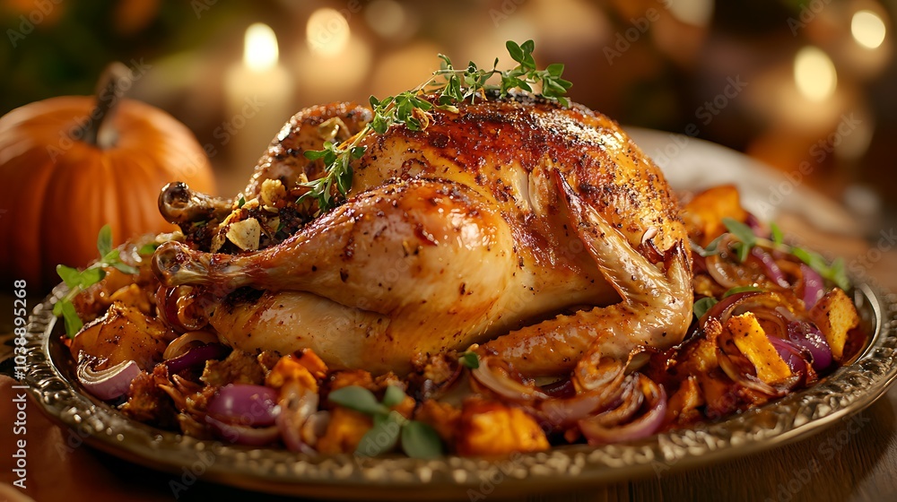 A roasted chicken on a serving platter with crispy onions, roasted pumpkin, and fresh herbs, all set against an autumn-themed background, with the space for text. A roasted chicken on a serving platter with crispy onions, roasted pumpkin, and fresh herbs, all set against an autumn-themed background, with the space for text.
