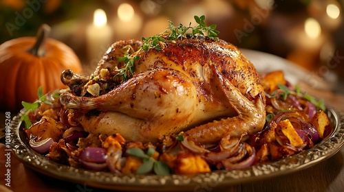 A roasted chicken on a serving platter with crispy onions, roasted pumpkin, and fresh herbs, all set against an autumn-themed background, with the space for text.