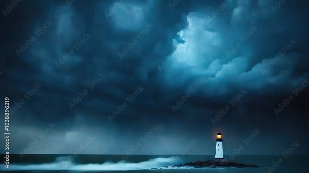 Fototapeta premium A lighthouse stands tall amidst the vast ocean, illuminating the night sky with its beacon atop