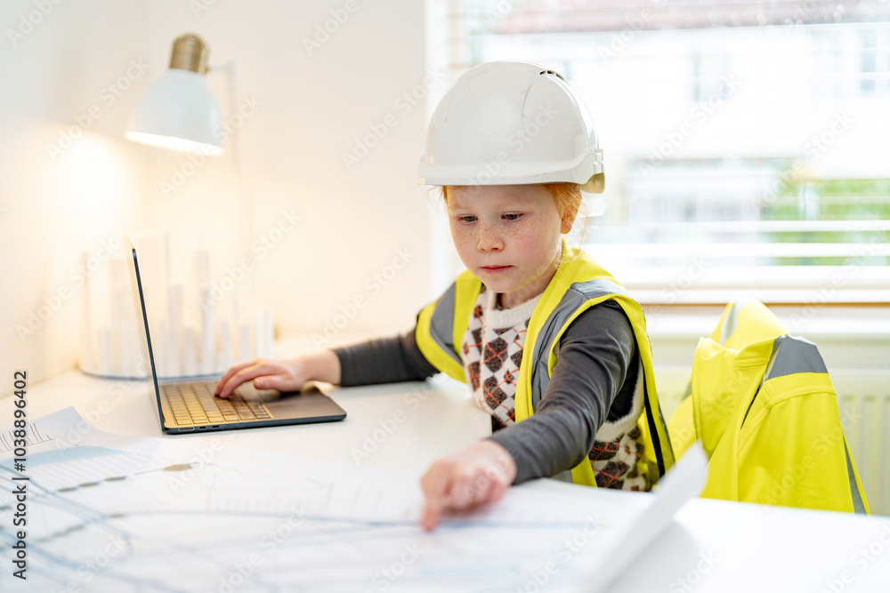 Young aspiring architect studies blueprints at a bright work desk in a cozy home office setting Young aspiring architect studies blueprints at a bright work desk in a cozy home office setting
