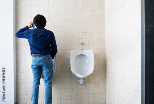 A man urinates in a public bathroom at the urinal on the left while talking on the mobile phone. He is casually dressed in blue and the natural light illuminates the cream-colored tiles.