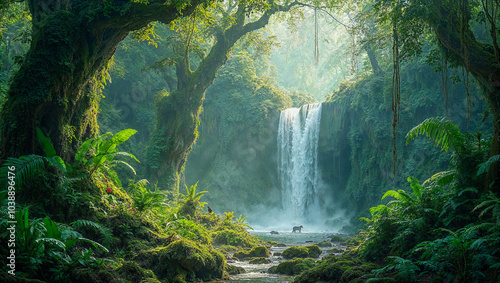 Majestic waterfall surrounded by dense green forest with sunlight filtering through trees