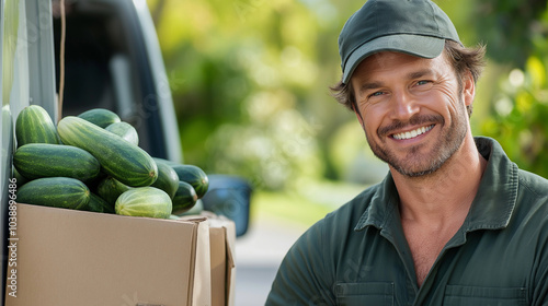 A detailed image of a mid-30s Australian male delivery driver wearing a moss green uniform, standing next to his delivery van in a serene suburban neighborhood. The unbranded deliv photo