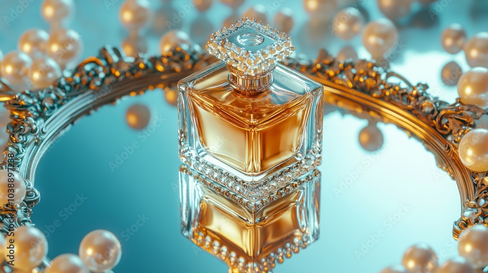 Obraz premium Elegant Vintage Perfume Mockup with Classic Bottle on Ornate Mirror with Pearls and Soft Lighting, Ultra-Detailed, Cinematic Light