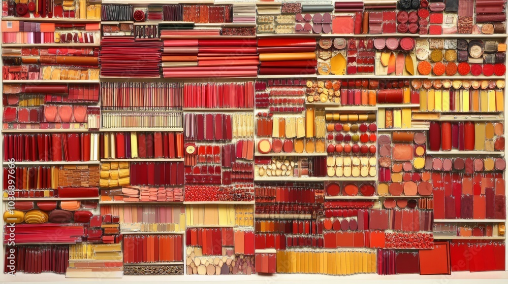 A wall of shelves filled with various red, orange, and yellow items, some in square, round, and rectangular shapes. A wall of shelves filled with various red, orange, and yellow items, some in square, round, and rectangular shapes.