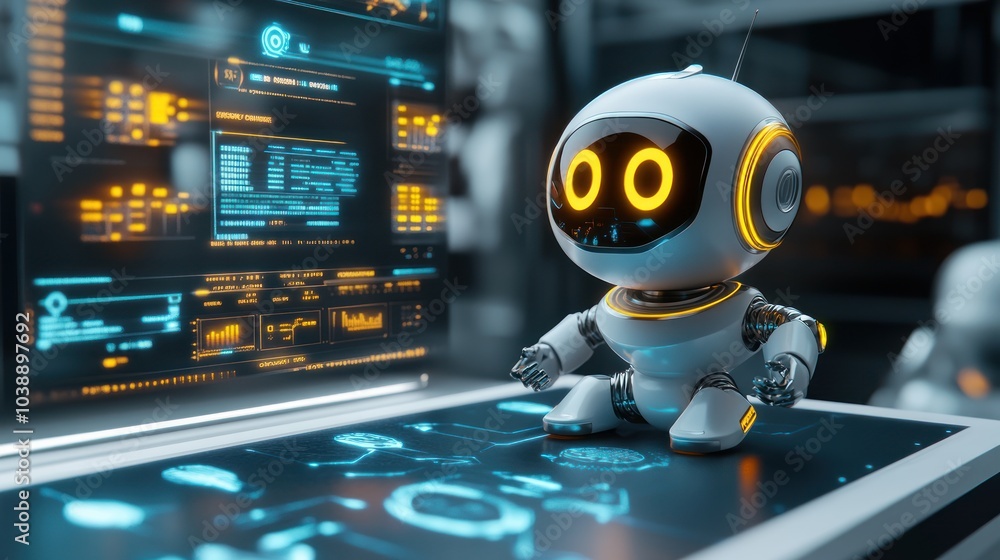A small, futuristic robot interacts with a digital interface displaying data and graphics.