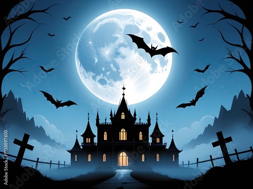 Spooky Halloween Night with Abandoned Dracula Castle and Vampire Bat Flying Over Foggy Forest Under Full Moon with Jack o Lanterns Zombies and Bats Cartoon Illustration