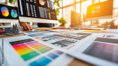 Close-up of color swatches and charts on a designer's desk, with blurred computer screen in the background.