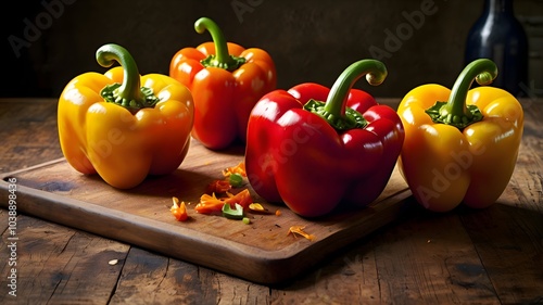 Colorful stuffed bell peppers arranged on a rustic kitchen countertop, captured in vibrant detail. photo