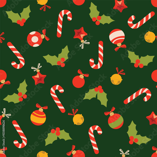 Seamless pattern with Christmas and New Year decorations. Candy cane, Christmas toys, holly on background. Holiday vector texture for wallpaper, prints, wrapping, textile.