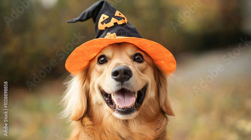cute golden retriever with hallooween hat, dog, halloween, pumpkin, animal, pet, black, cute, witch, puppy, hat, autumn, cat, canine, isolated, holiday, orange, illustration, face, lantern, mammal, sc