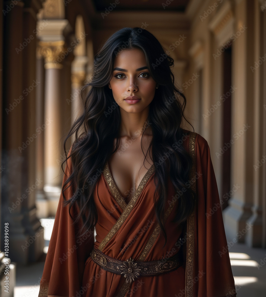 A young woman of stunning beauty who resembles Queen Esther from the Bible. She has long dark hair, radiant olive skin and captivating brown eyes A young woman of stunning beauty who resembles Queen Esther from the Bible. She has long dark hair, radiant olive skin and captivating brown eyes