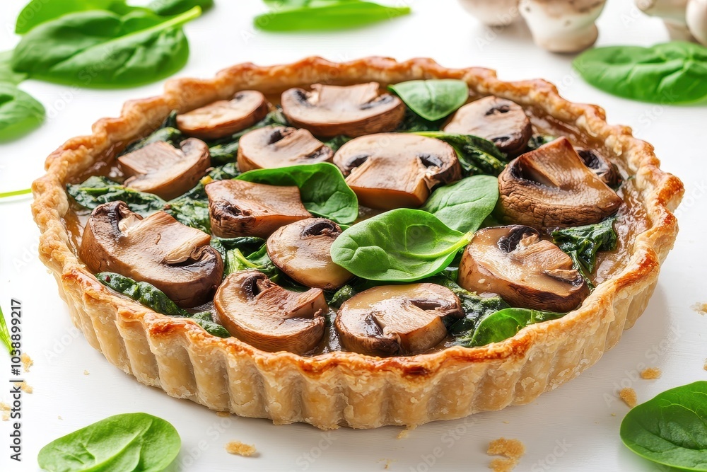 Spinach topped mushroom pie on a light backdrop Spinach topped mushroom pie on a light backdrop